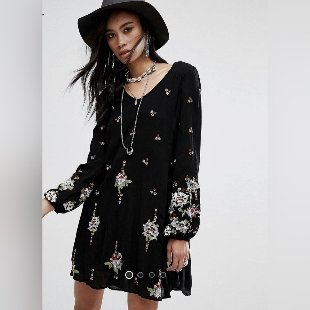 Free People Oxford Black Embroidered Balloon Sleeve Boho Mini Dress Tunic, M - Picture 4 of 14